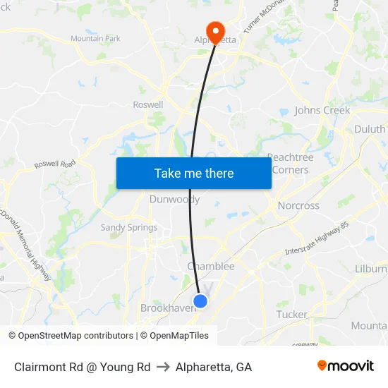 Clairmont Rd @ Young Rd to Alpharetta, GA map