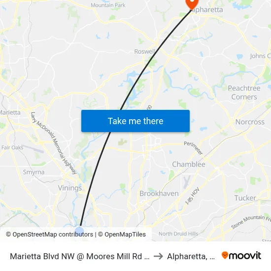 Marietta Blvd NW @ Moores Mill Rd NW to Alpharetta, GA map