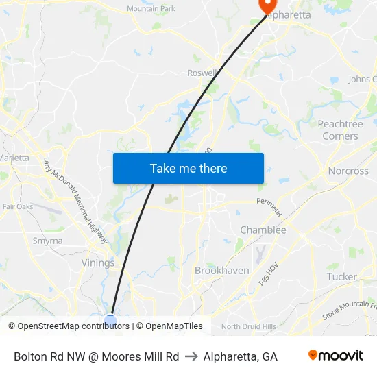 Bolton Rd NW @ Moores Mill Rd to Alpharetta, GA map