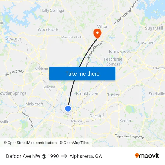 Defoor Ave NW @ 1990 to Alpharetta, GA map