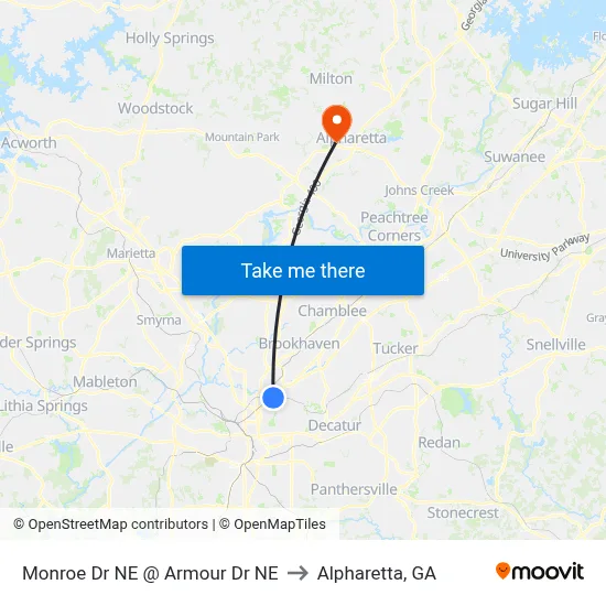 Monroe Dr NE @ Armour Dr NE to Alpharetta, GA map