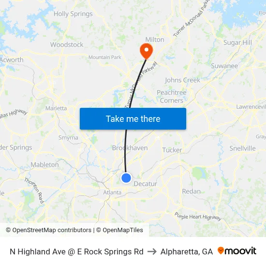 N Highland Ave @ E Rock Springs Rd to Alpharetta, GA map