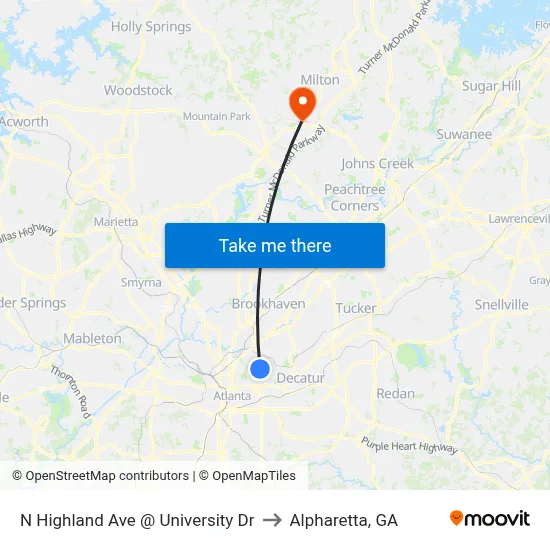 N Highland Ave @ University Dr to Alpharetta, GA map