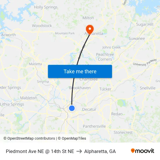 Piedmont Ave NE @ 14th St NE to Alpharetta, GA map