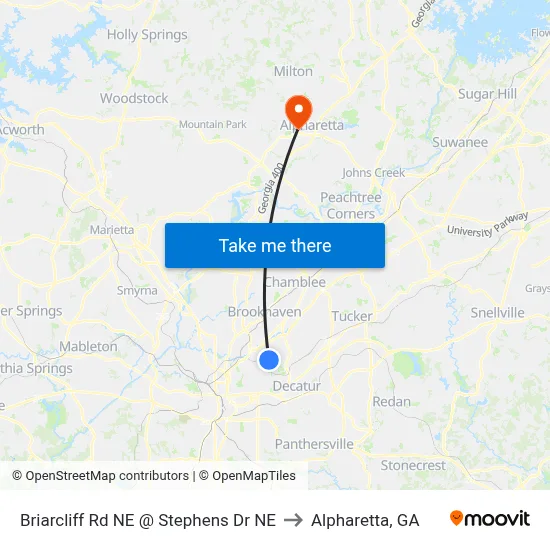Briarcliff Rd NE @ Stephens Dr NE to Alpharetta, GA map