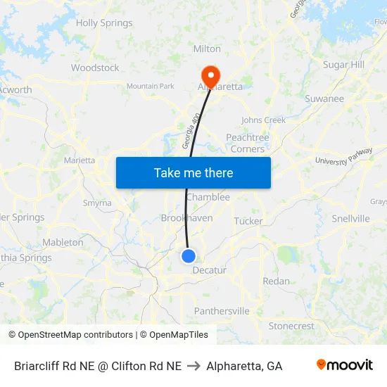 Briarcliff Rd NE @ Clifton Rd NE to Alpharetta, GA map