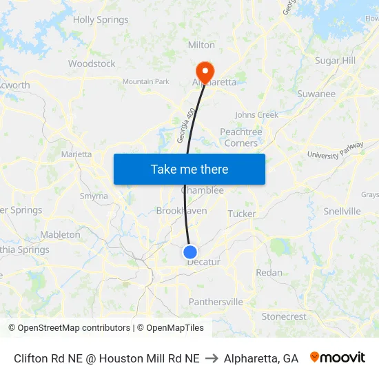 Clifton Rd NE @ Houston Mill Rd NE to Alpharetta, GA map