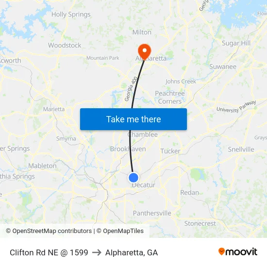Clifton Rd NE @ 1599 to Alpharetta, GA map