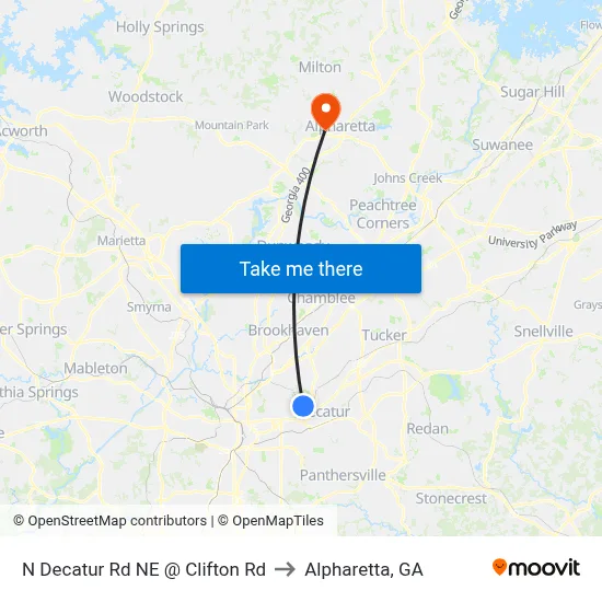 N Decatur Rd NE @ Clifton Rd to Alpharetta, GA map