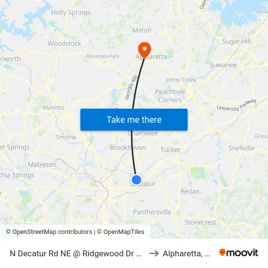 N Decatur Rd NE @ Ridgewood Dr NE to Alpharetta, GA map
