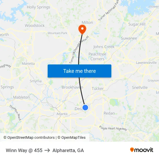 Winn Way @ 455 to Alpharetta, GA map
