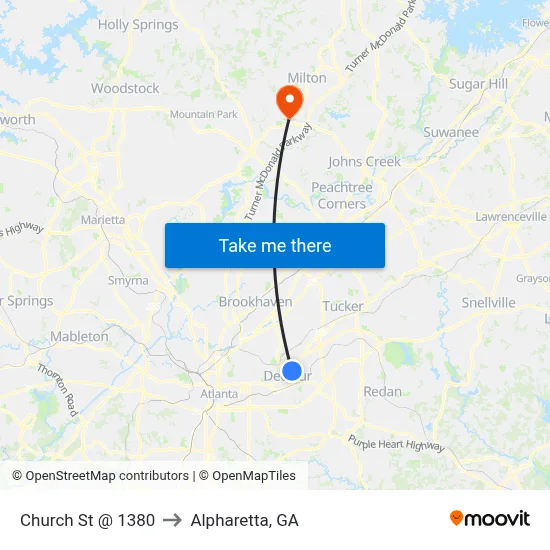 Church St @ 1380 to Alpharetta, GA map