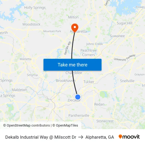Dekalb Industrial Way @ Milscott Dr to Alpharetta, GA map
