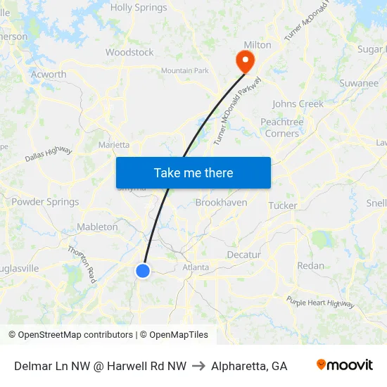 Delmar Ln NW @ Harwell Rd NW to Alpharetta, GA map