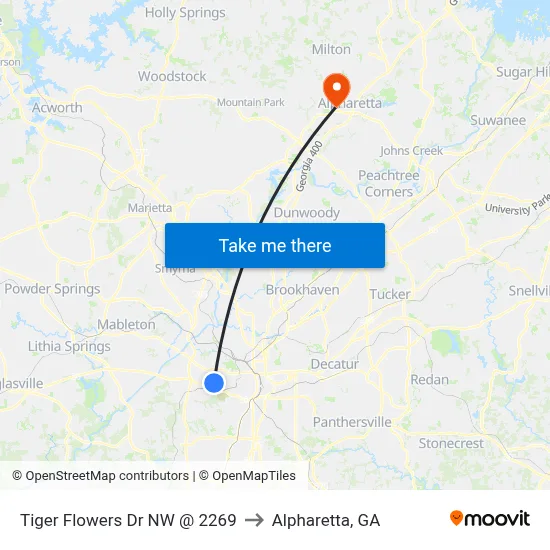 Tiger Flowers Dr NW @ 2269 to Alpharetta, GA map