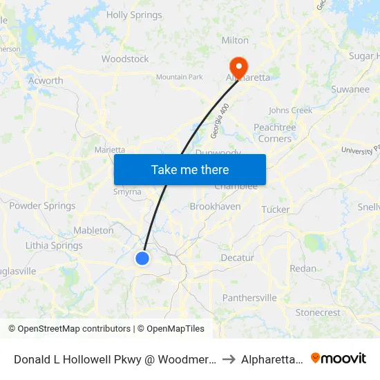 Donald L Hollowell Pkwy @ Woodmere Dr NW to Alpharetta, GA map