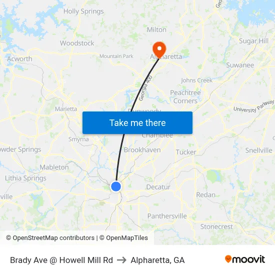 Brady Ave @ Howell Mill Rd to Alpharetta, GA map