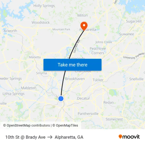 10th St @ Brady Ave to Alpharetta, GA map