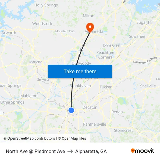 North Ave @ Piedmont Ave to Alpharetta, GA map