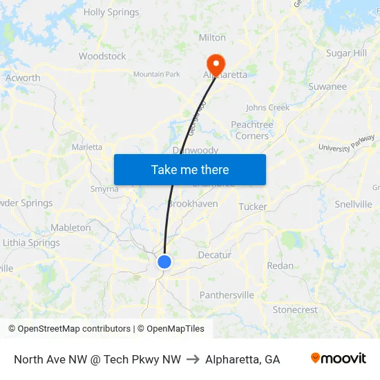 North Ave NW @ Tech Pkwy NW to Alpharetta, GA map