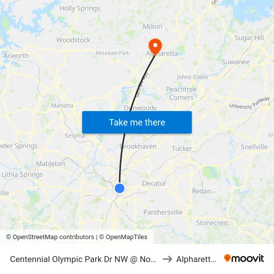 Centennial Olympic Park Dr NW @ North Ave NW to Alpharetta, GA map