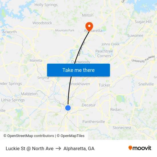 Luckie St @ North Ave to Alpharetta, GA map