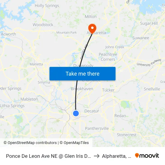 Ponce De Leon Ave NE @ Glen Iris Dr NE to Alpharetta, GA map