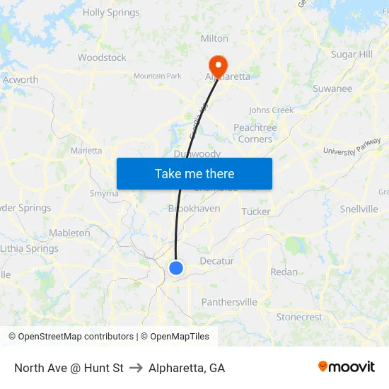 North Ave @ Hunt St to Alpharetta, GA map
