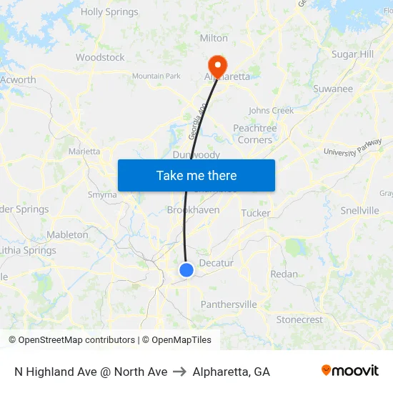 N Highland Ave @ North Ave to Alpharetta, GA map