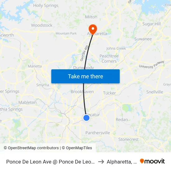 Ponce De Leon Ave @ Ponce De Leon Mnr to Alpharetta, GA map