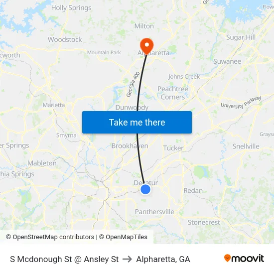 S Mcdonough St @ Ansley St to Alpharetta, GA map