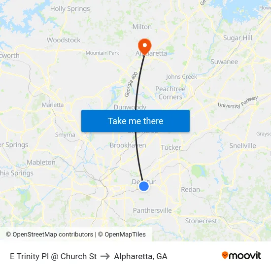 E Trinity Pl @ Church St to Alpharetta, GA map