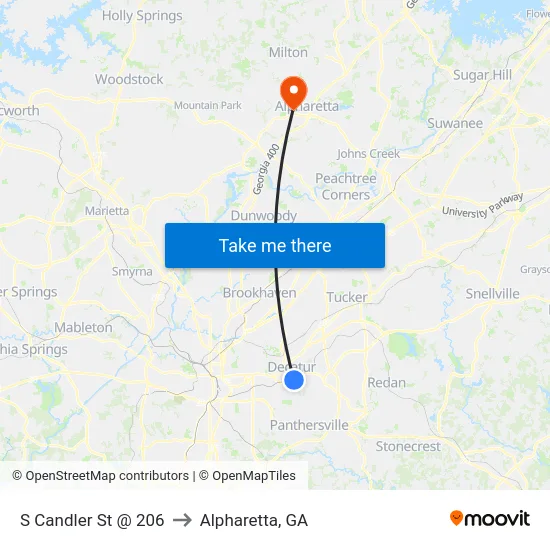S Candler St @ 206 to Alpharetta, GA map
