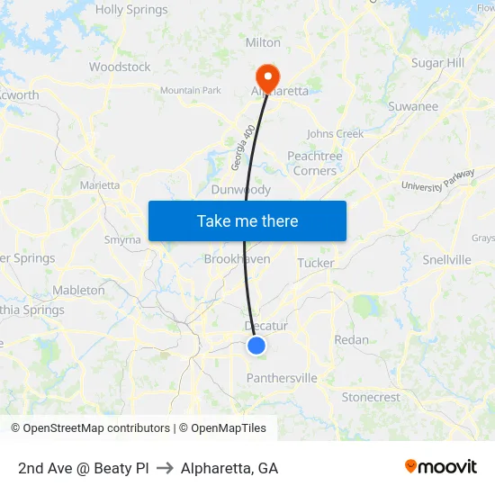 2nd Ave @ Beaty Pl to Alpharetta, GA map