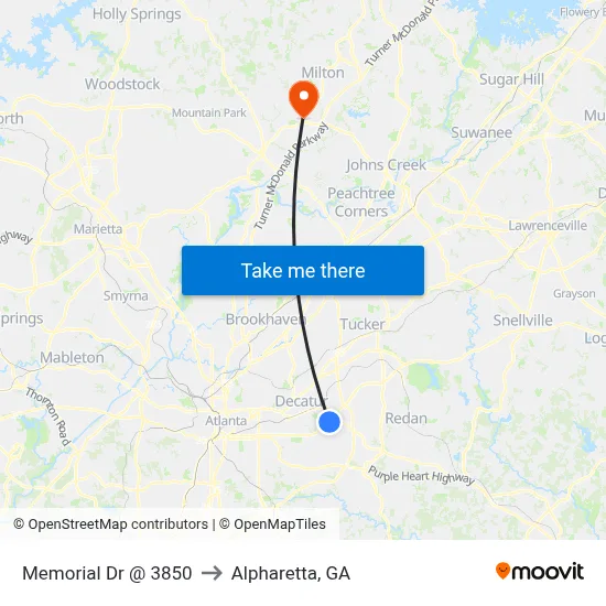Memorial Dr @ 3850 to Alpharetta, GA map