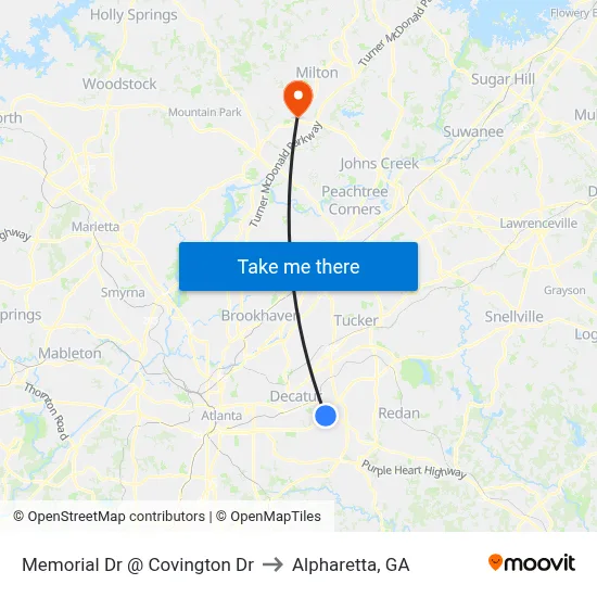 Memorial Dr @ Covington Dr to Alpharetta, GA map