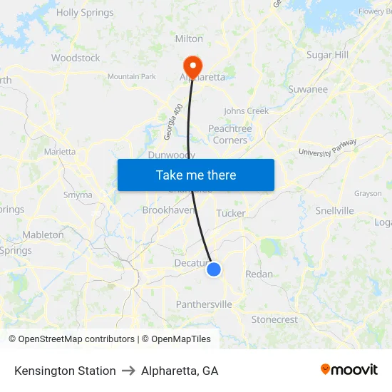 Kensington Station to Alpharetta, GA map