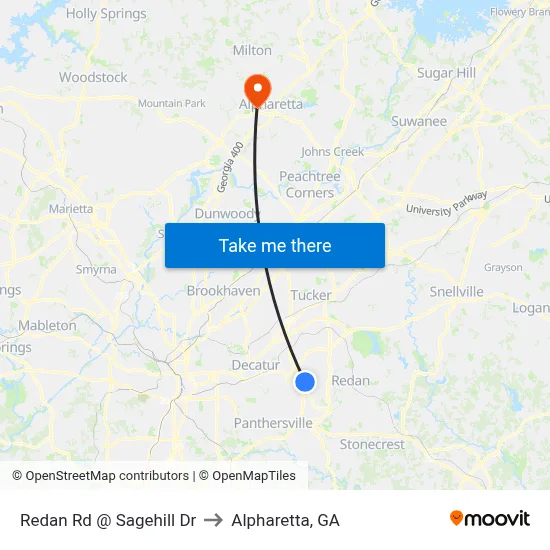Redan Rd @ Sagehill Dr to Alpharetta, GA map