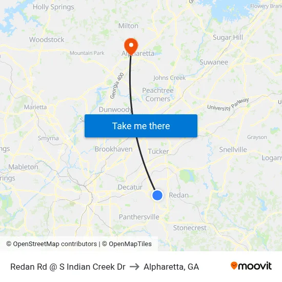 Redan Rd @ S Indian Creek Dr to Alpharetta, GA map