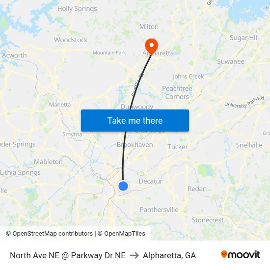 North Ave NE @ Parkway Dr NE to Alpharetta, GA map
