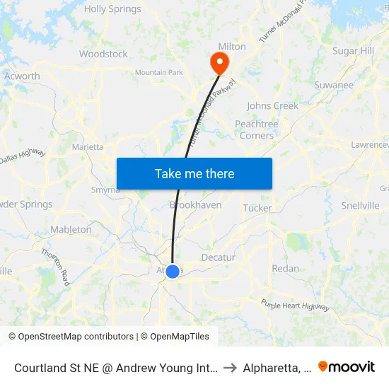 Courtland St NE @ Andrew Young Intl Blvd to Alpharetta, GA map