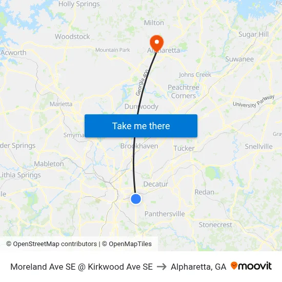 Moreland Ave SE @ Kirkwood Ave SE to Alpharetta, GA map
