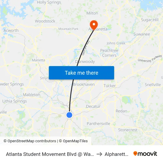 Atlanta Student Movement Blvd @ Walnut St SW to Alpharetta, GA map