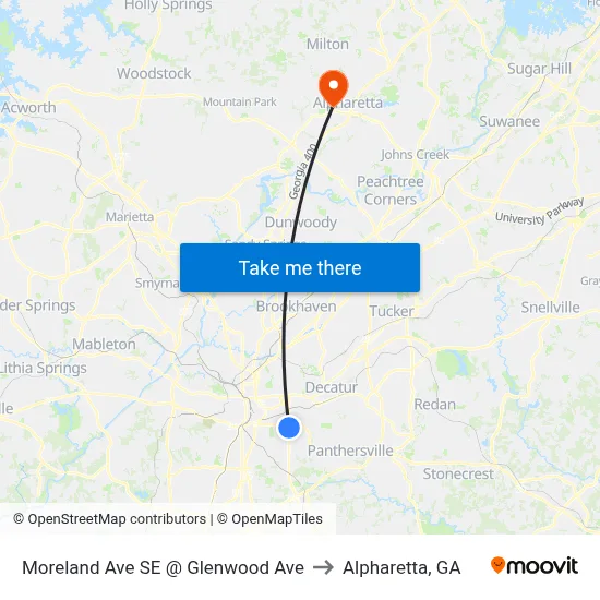 Moreland Ave SE @ Glenwood Ave to Alpharetta, GA map