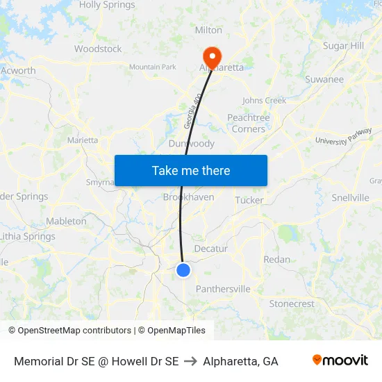 Memorial Dr SE @ Howell Dr SE to Alpharetta, GA map