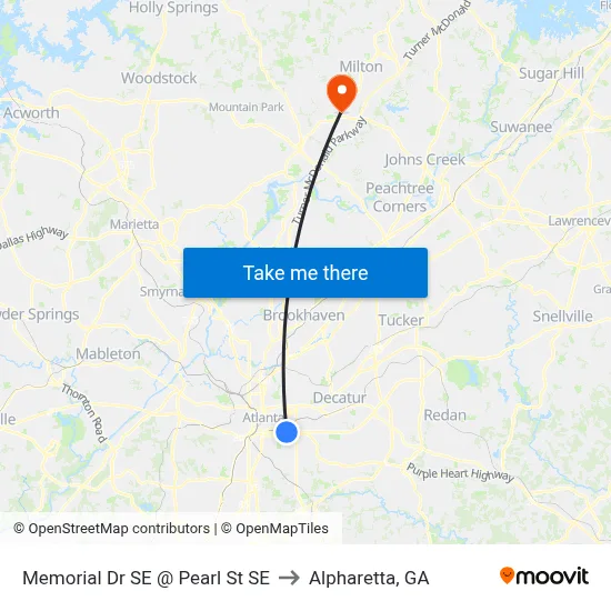 Memorial Dr SE @ Pearl St SE to Alpharetta, GA map