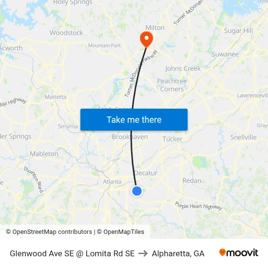 Glenwood Ave SE @ Lomita Rd SE to Alpharetta, GA map