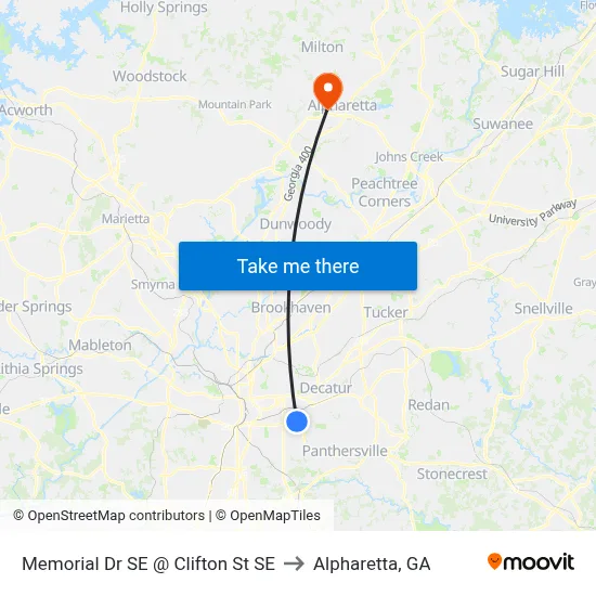 Memorial Dr SE @ Clifton St SE to Alpharetta, GA map