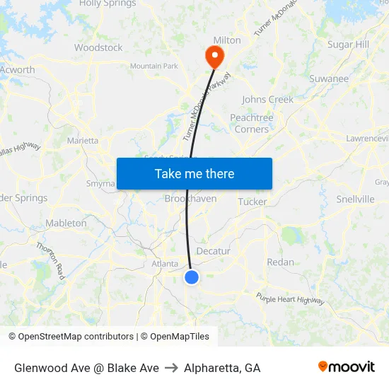 Glenwood Ave @ Blake Ave to Alpharetta, GA map
