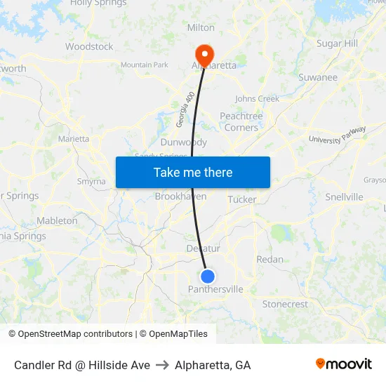 Candler Rd @ Hillside Ave to Alpharetta, GA map